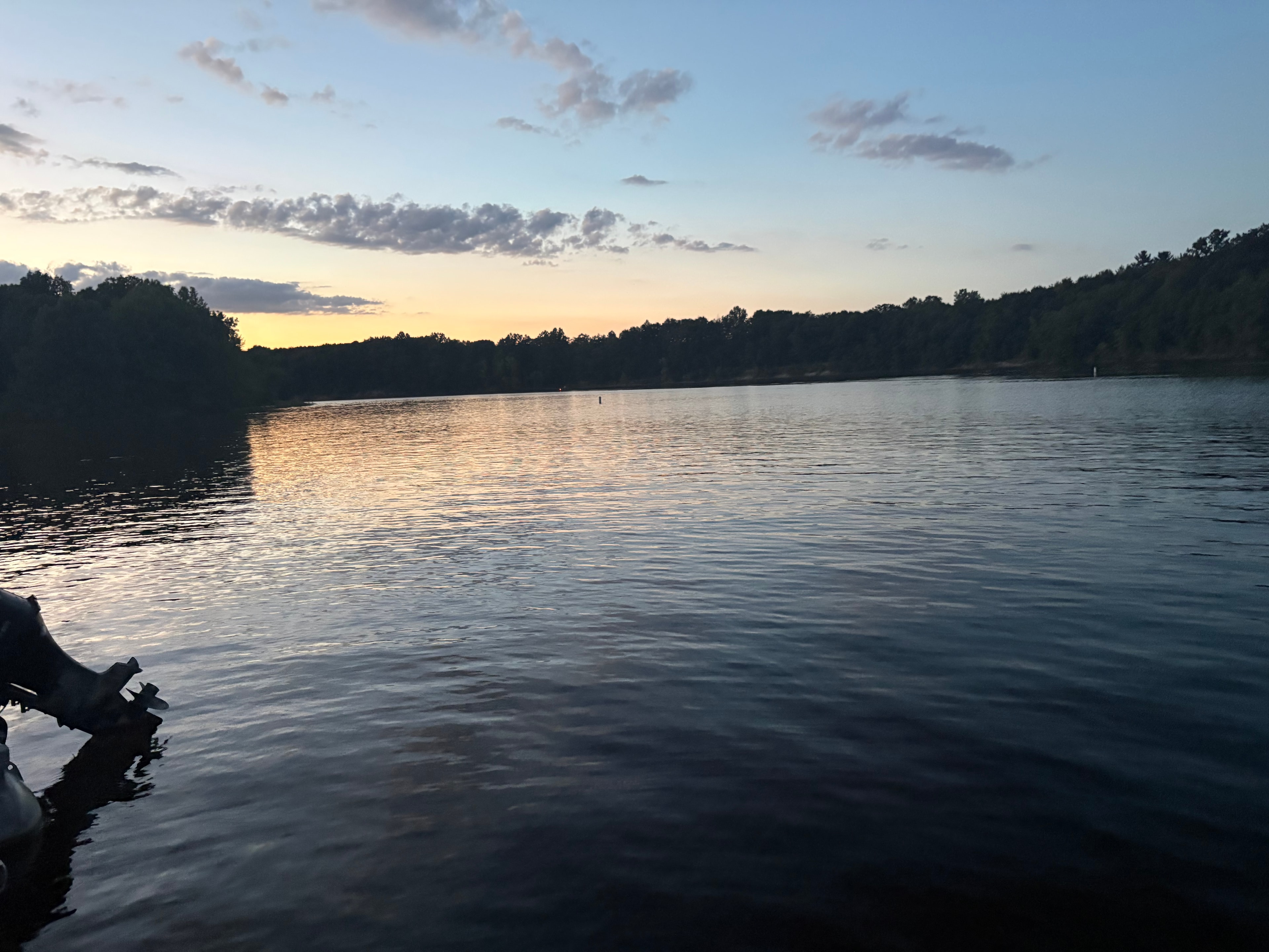Quiet Lake Norman cove at dusk with forested shoreline